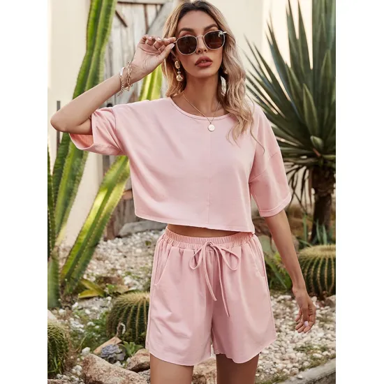 Women Summer Pink Athleisure Short Sleeve T-Shirt Two Piece Suit With Shorts Casual Fashion Loose Athflow Style Set