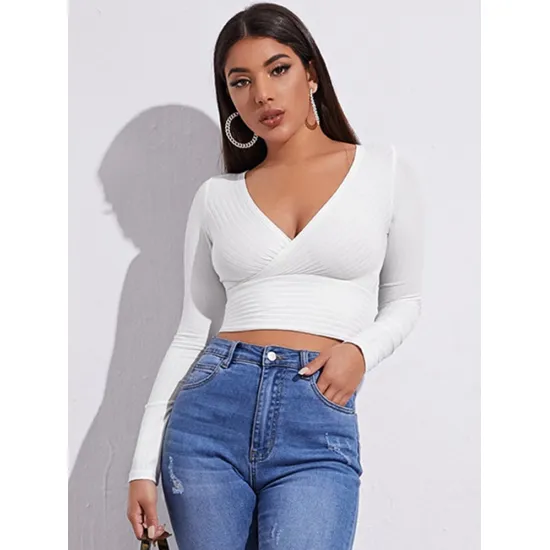 Women Casual Solid Long Sleeve Crop T-shirt Fashion V-Collar Bare Midriff Stretch Tops Ribbed Knitted Elastic Slim Skinny Tees