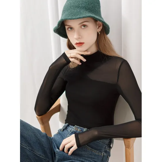 Women Black Sexy Asymmetrical Transparent Gauze Lace Tops Patchwork Long Sleeve T-shirt Stand Collar Mesh Slim Tees