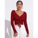 Autumn Casual Solid Crop Full Sleeve T-Shirt For Women Skinny V-Neck Shirring Tops Lace Up Knitting Pullover Tees