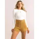 Women Fashion Ribbed Knitted Elastic Long Sleeve T-shirt Ruched Drawstring Adjustable Length Tops Solid Shirring Skinny Tees