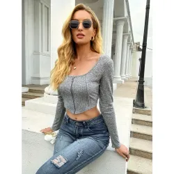 Women Casual Long Sleeve Bare Midriff Crop Fashion Solid Ribbed Knitted Elastic Zipper Cardigan Stretch Slim Skinny Tees Tops