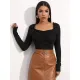 Women Casual Solid Long Sleeve Folds T-shirt Fashion Folds Square Collar Skinny Tops Stretch Slim Tees