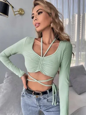 Women Casual Long Sleeve Bare Midriff Crop T-shirt Fashion Green Ruched Drawstring Tops Stretch Folds Tees With Bandage