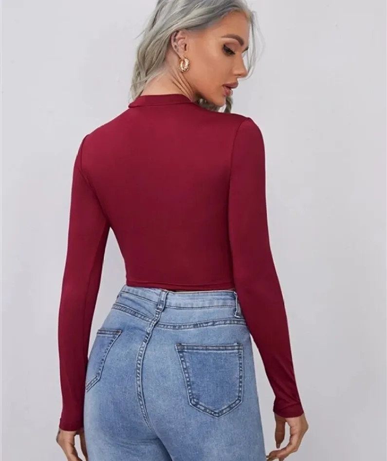 Solid Skinny Basic Women Long Sleeve T-shirt Casual Solid Fashion Warm Crop Tops O-Collar Soft Slim Bare Midriff Tees