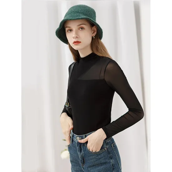 Women Black Sexy Asymmetrical Transparent Gauze Lace Tops Patchwork Long Sleeve T-shirt Stand Collar Mesh Slim Tees