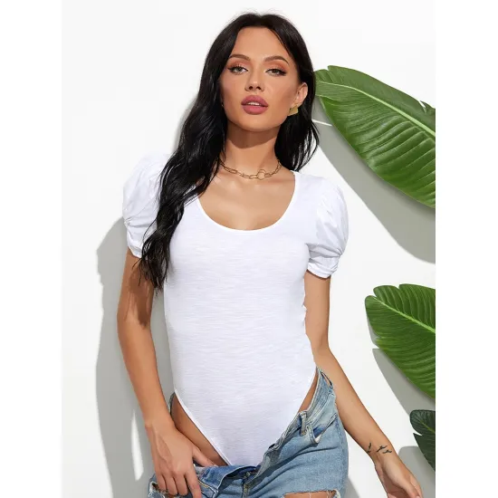 Women Summer Casual Basic Black White Skinny Bodysuit Lady Fashion Short Lantern Sleeve Rompers Jumpsuits Bodycon Tops Tees