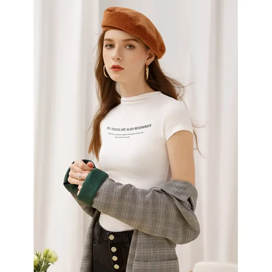 Women Summer Casual Fashion Modal Short Sleeve T-Shirt With Letter Basic Half Turtleneck Tops White Black Skinny Tees