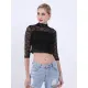 Women Black Transparent Hollow Out Gauze Lace Tops With Three Quarter Sleeve Stand Collar Crop T-shirt Mesh Bare Midriff Tees