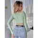 Women Casual Long Sleeve Bare Midriff Crop T-shirt Fashion Green Ruched Drawstring Tops Stretch Folds Tees With Bandage