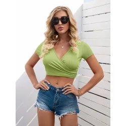 Ribbed Knitted Series Women Summer Candy Colors Ribbed Knitted Elastic Crop T-Shirt Casual Fashion Skinny Bare Midriff Tees