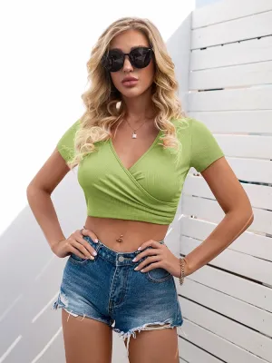 Ribbed Knitted Series Women Summer Candy Colors Ribbed Knitted Elastic Crop T-Shirt Casual Fashion Skinny Bare Midriff Tees