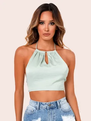 Women Fashion Satin Backless Crop Tanks Tops Sleeveless Halter Bandage Bow Tie Up Camis Sexy Cute Solid Color Corset Streetwear