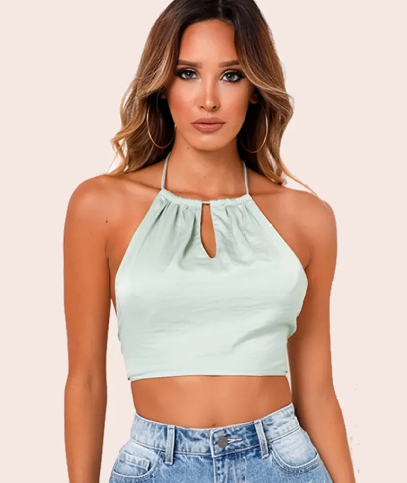 Women Fashion Satin Backless Crop Tanks Tops Sleeveless Halter Bandage Bow Tie Up Camis Sexy Cute Solid Color Corset Streetwear