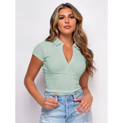 Ribbed Knitted Series Women Summer Candy Colors Ribbed Knitted Elastic Polo Shirt Casual Fashion Skinny Crop Tees