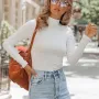 Solid Basic Women Long Sleeve T-shirt Casual White Fashion Warm Tops Stand Collar Soft Slim Tees