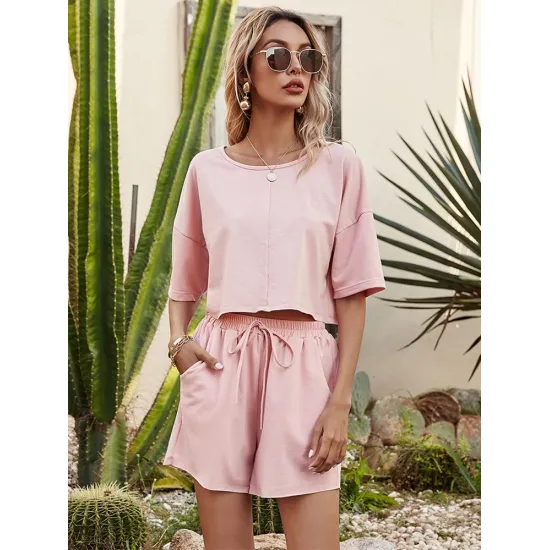 Women Summer Pink Athleisure Short Sleeve T-Shirt Two Piece Suit With Shorts Casual Fashion Loose Athflow Style Set