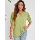 Women Summer Fashion Casual Solid T-Shirt With Puff Sleeve Basic V-Neck Tops Loose Tees