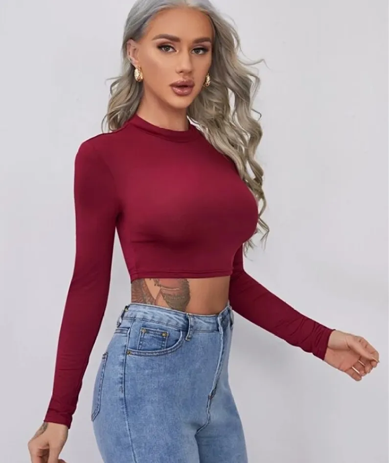 Solid Skinny Basic Women Long Sleeve T-shirt Casual Solid Fashion Warm Crop Tops O-Collar Soft Slim Bare Midriff Tees