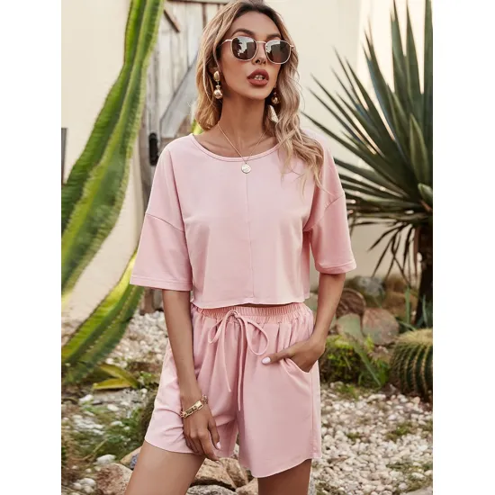 Women Summer Pink Athleisure Short Sleeve T-Shirt Two Piece Suit With Shorts Casual Fashion Loose Athflow Style Set