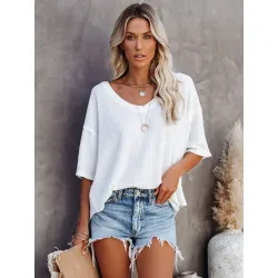 Women Summer Casual Solid Short Sleeve T-Shirt Basic V-Neck Batwing Sleeve Tops Fashion Loose Breathable Knitted Pullover Tees