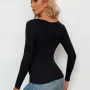 Women Fashion Hollow Out Ribbed Knitted Elastic Long Sleeve T-shirt Casual Solid Stretch V-Collar Tops Slim Skinny Tees