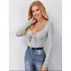 Women Fashion Stretch Long Sleeve T-shirt With Bow Casual Ribbed Knitted Elastic Tops Solid Basic Square Collar Slim Skinny Tees