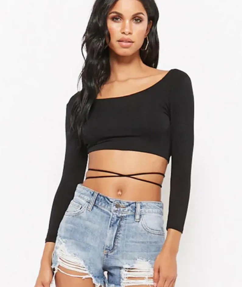 Women Casual Long Sleeve Backless Crop T-shirt Fashion Solid Stretch Bare Midriff Tops Slim Skinny Tees With Bandage