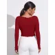 Autumn Casual Solid Crop Full Sleeve T-Shirt For Women Skinny V-Neck Shirring Tops Lace Up Knitting Pullover Tees