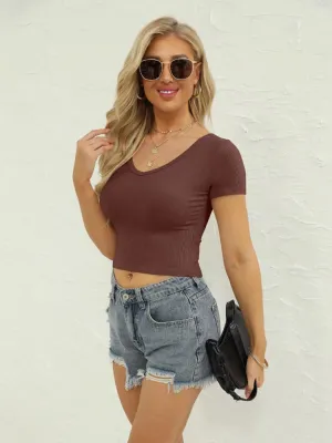 Ribbed Knitted Series Women Summer Ribbed Knitted Elastic Crop T-Shirt Casual Fashion Skinny Bare Midriff Tees V-Neck O-Neck