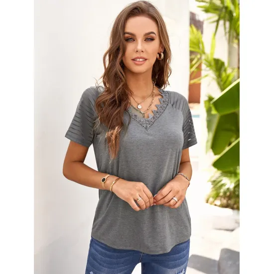 Women Summer Fashion Grey Transparent Stripes Lace Short Sleeve T-Shirt Casual Solid Hollow Out V-Neck Tops Loose Tees