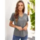 Women Summer Fashion Grey Transparent Stripes Lace Short Sleeve T-Shirt Casual Solid Hollow Out V-Neck Tops Loose Tees