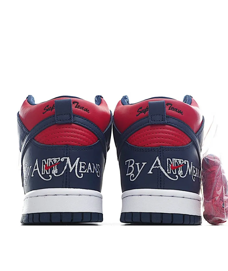 Supreme x Nike SB Dunk High "By Any Means" Red and Blue Sneakers