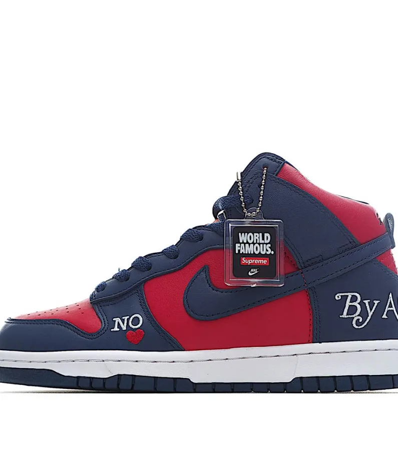 Supreme x Nike SB Dunk High "By Any Means" Red and Blue Sneakers