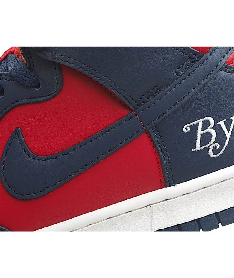 Supreme x Nike SB Dunk High "By Any Means" Red and Blue Sneakers