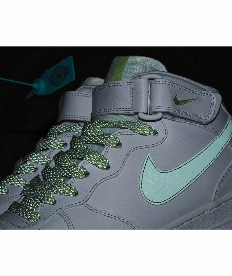 Nike Air Force 1 Mid Mid Top White and Green Reflective Gypsophila