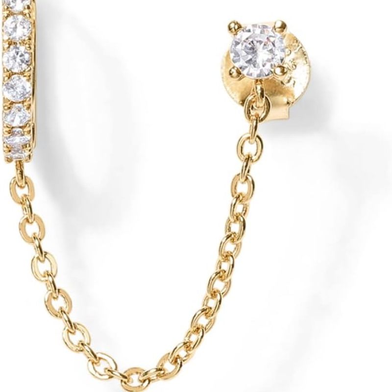 PAVOI 14K Gold Chain Earrings for Women | Double Piercing Dangle Chain Huggie Hoop Earrings | Cubic Zirconia Pearl Stud Ear Cuff Earrings for Women