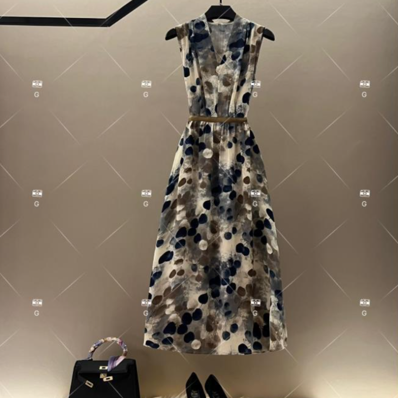 Summer new retro, fashionable and versatile printed sleeveless dress H-999